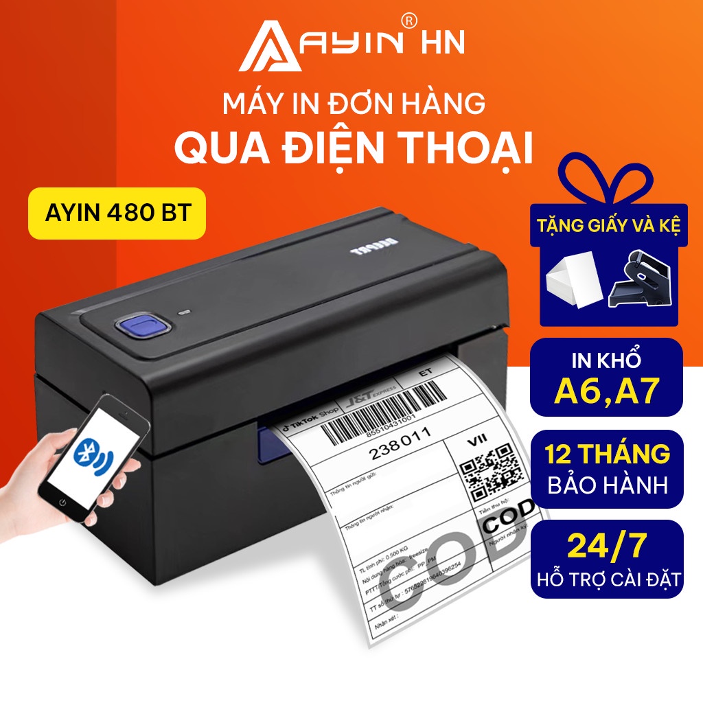 Máy in nhiệt in qua điện thoại 480BT, in đơn hàng TMĐT, in mã vận đơn, tem nhẵn, logo