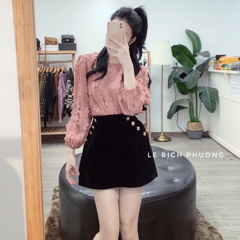 Chân váy nhung cúc hoa hai lớp dáng chữ A , chân váy nhung chữ A