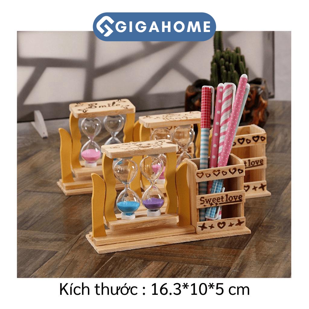 Hộp Đựng Bút Kiêm Đồng Hồ Cát GIGAHOME Để Bàn Trang Trí, Chất Liệu Gỗ Thông Bền Đẹp 5740