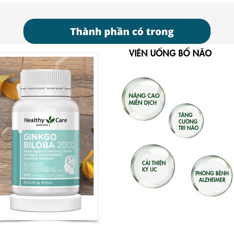 Bổ não Ginkgo Biloba 2000, viên uống bổ não, tuần hoàn máu não, 100 viên