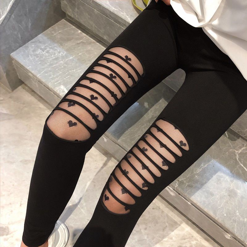 Quần Legging Lưới Mỏng Dài Tới Mắt Cá Chân Rách Gối Phong Cách Hàn Quốc Mới Cho Nữ