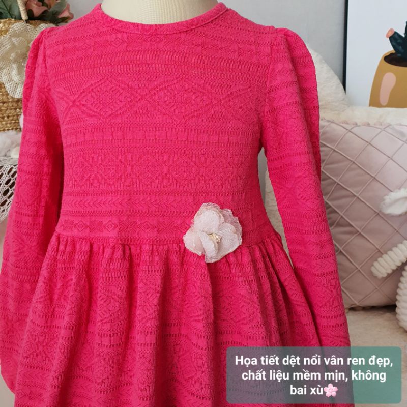 Áo váy tay dài dệt họa tiết ren xinh xắn, áo váy thu đông cao cấp bé gái