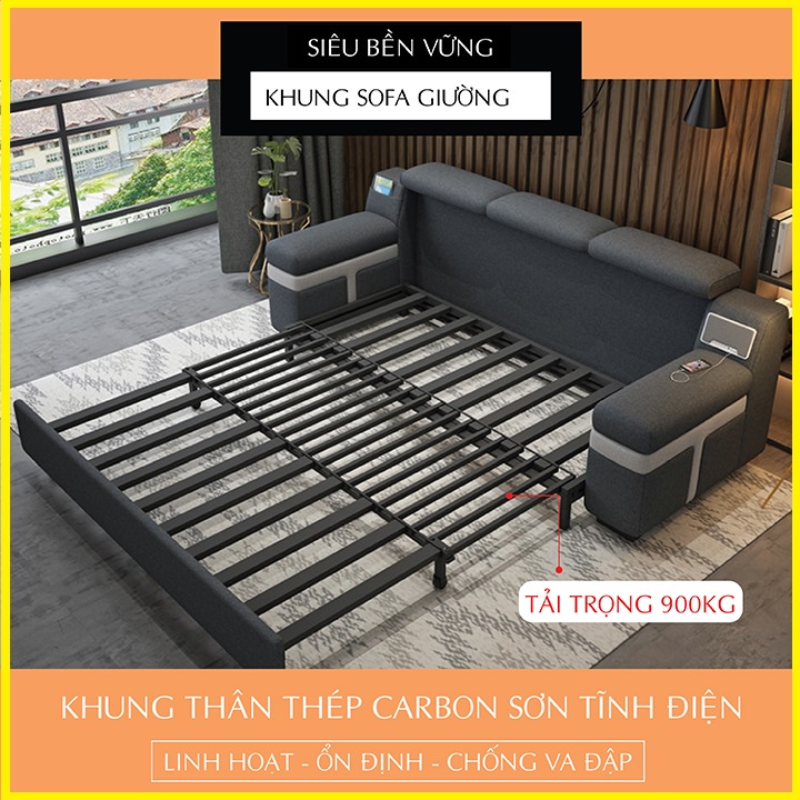 Giường Sofa Thông Minh, Sofa phòng khách  Mẫu Mới Nhất Có Loa  Khung Thép Chắc Chắn Vải Lanh Cao Cấp KT 2.1m x 2,05m