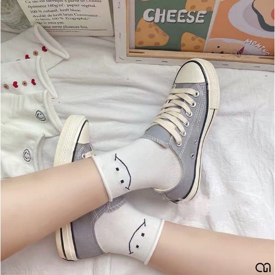 Vớ Cổ Trung Nữ Tone Màu Trắng Họa Tiết Gấu Mặt Cười Thời Trang Đẹp Vải Cotton 2AM