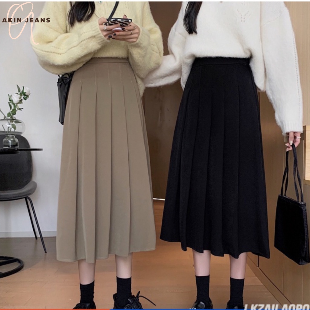 Chân Váy Xếp Ly, Akin Jeans, Váy Midi Xoè Dáng Dài Qua Gối Cạp Cao Phong Cách Ullzang Hàn Quốc, VXLD