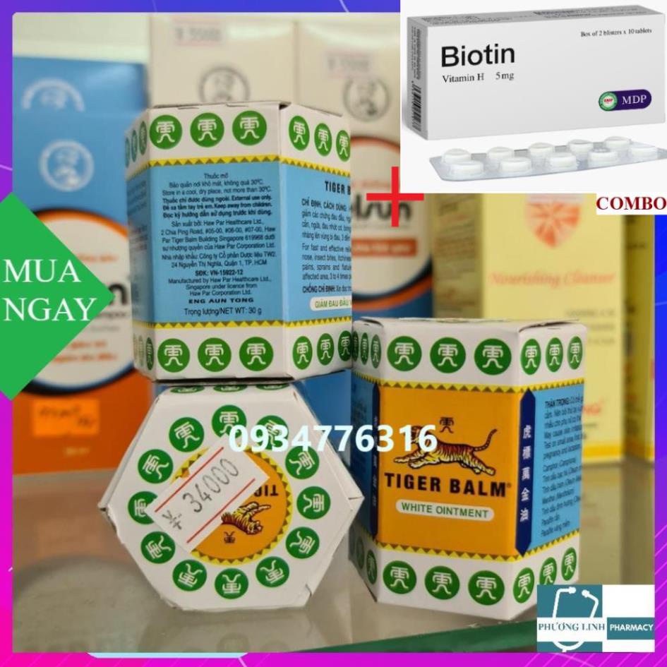 Combo Biotin 5mg+ [Singapore] Dầu cù là con cọp Tiger Balm( Đỏ-Trắng) Giảm Đau đầu, thấp khớp, ngạt mũi-30g