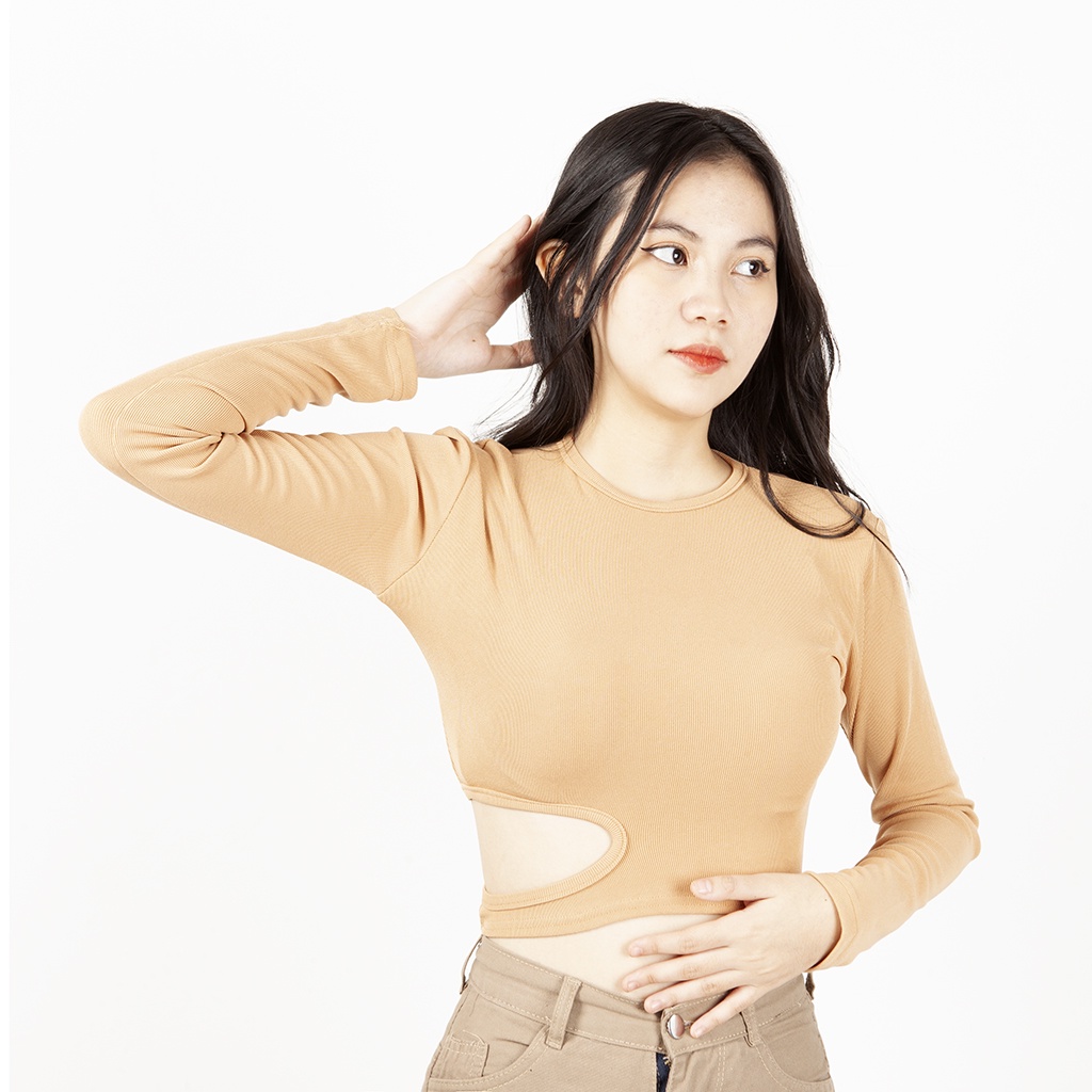 Áo thun croptop nữ tay dài ôm khoét eo vải cotton mềm mịn siêu tôn dáng