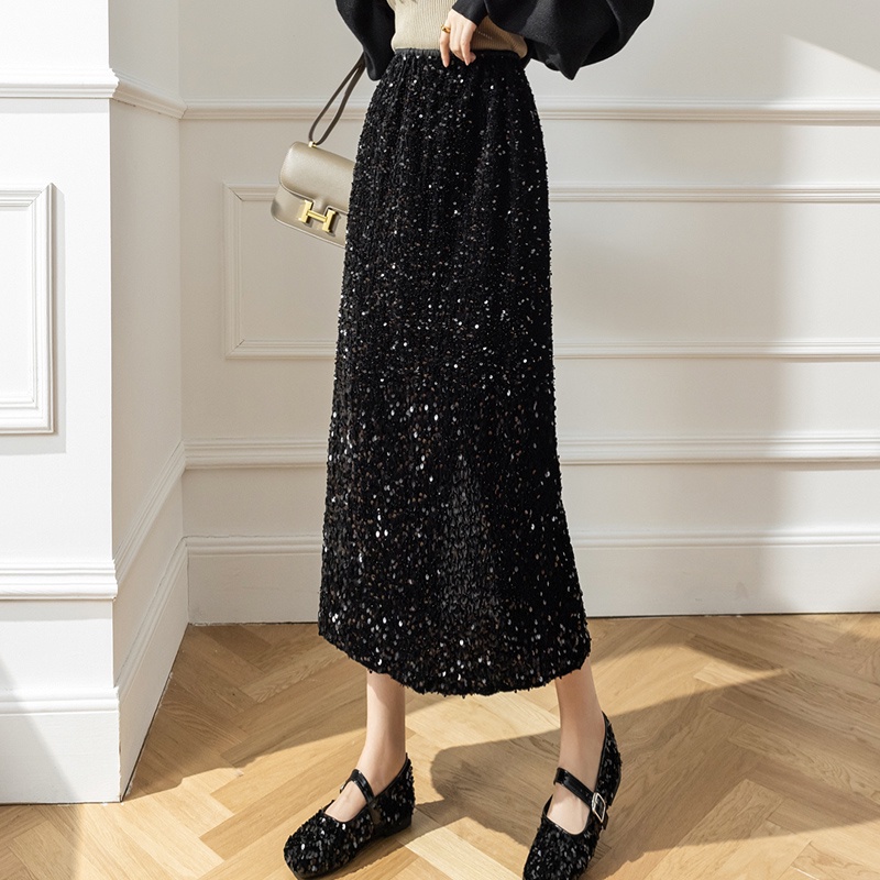 IELGY Chân Váy Nhung Dài Dáng Chữ a Lưng Thun Co Giãn Đính Kim Sa Lấp Lánh Thời Trang Cho Nữ