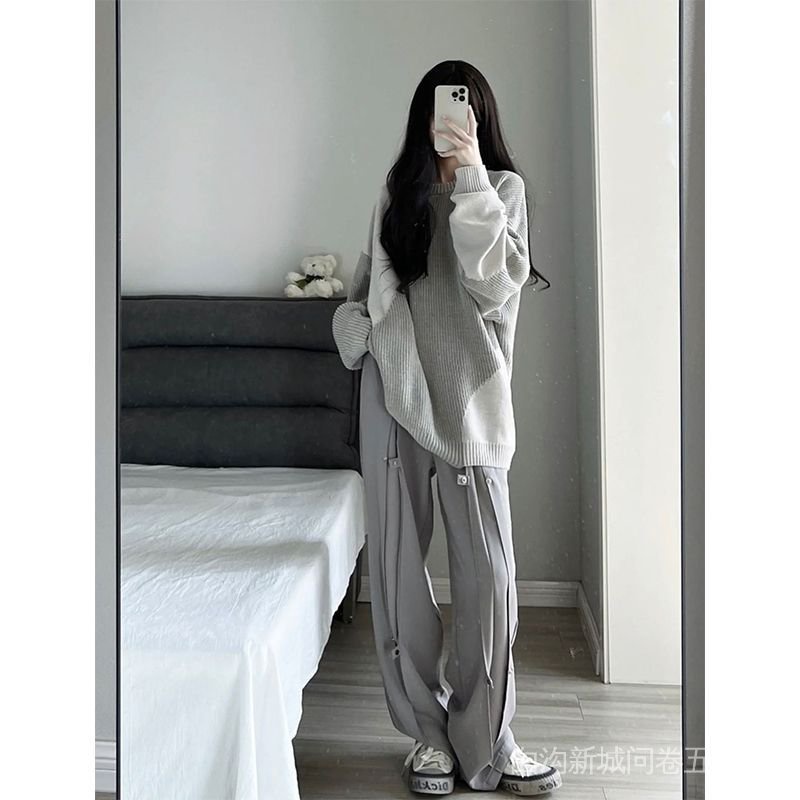 Áo Sweater Dệt Kim Chui Đầu Dáng Rộng Màu Sắc Tương Phản Kiểu Vintage Thời Trang Xuân Thu Cho Học Sinh