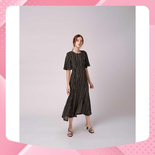 Đầm chấm bị xẻ tà nữ YV LE & CO vải lụa màu đen nữ tính và ngọt ngào