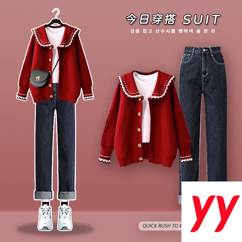 Plus Bộ Áo Khoác Cardigan Cổ Búp Bê + Quần Jeans Phong Cách Thời Trang Thu Đông 2022 Cho Nữ Có Size Lớn