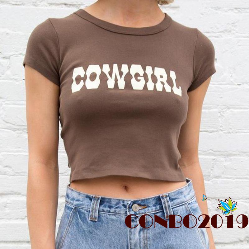 Áo Thun Crop Top Tay Ngắn Cổ Tròn In Chữ Phong Cách Đường Phố Cho Nữ