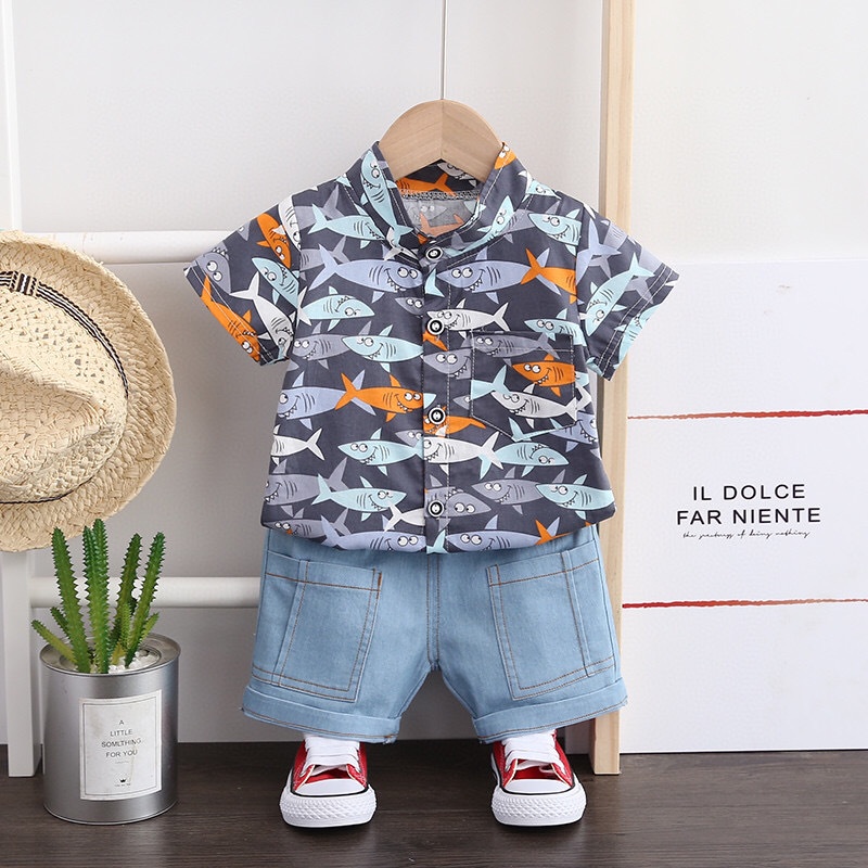 Set Áo Thun Tay Ngắn In Hình Khủng Long Hoạt Hình + Quần Jean Ngắn Thời Trang Mùa Hè Cho Bé Trai Từ 1 -