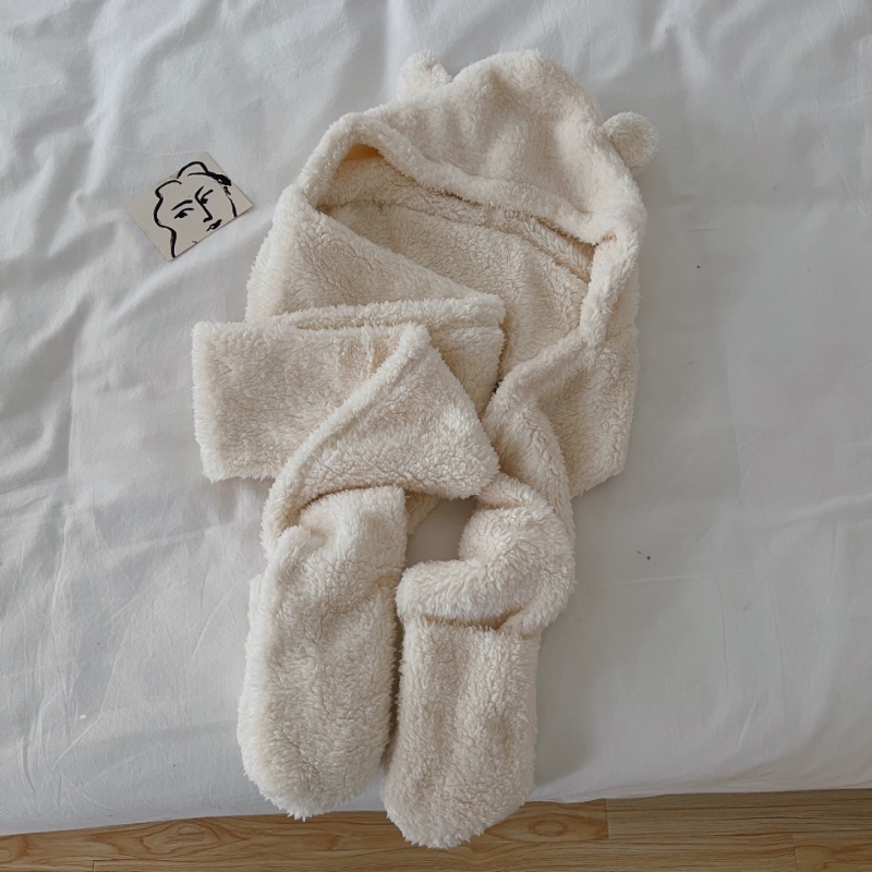 Khăn Choàng Cổ / Mũ Beanie 3 Trong 1 Bằng Vải Nhung Lông Cừu Dày Dặn Mềm Mại Giữ Ấm Tai Gấu Dễ Thương Thời Trang Mùa Đông Cho Nữ