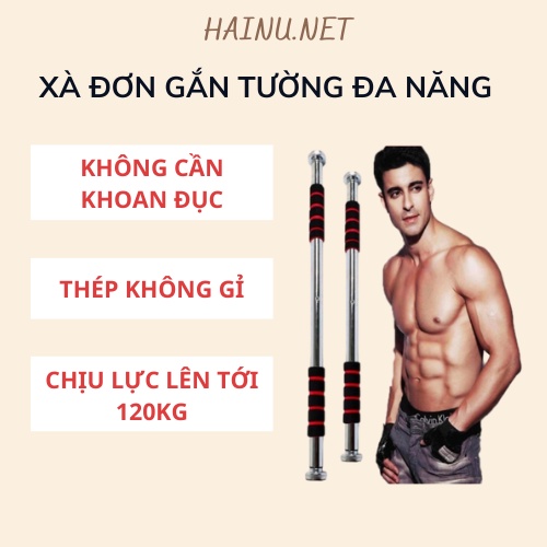 Thanh xà đơn treo tường đa năng tập thể dục, bằng inox không gỉ có kèm ốc vít Hải Triều Sports