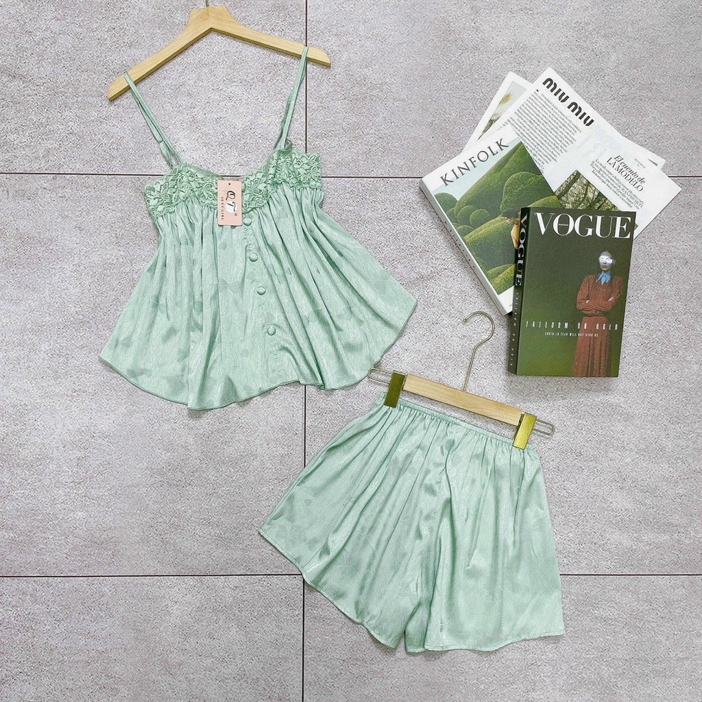 Set ngủ hai dây, set ngủ sexy nút bọc phối ren ngang ngực