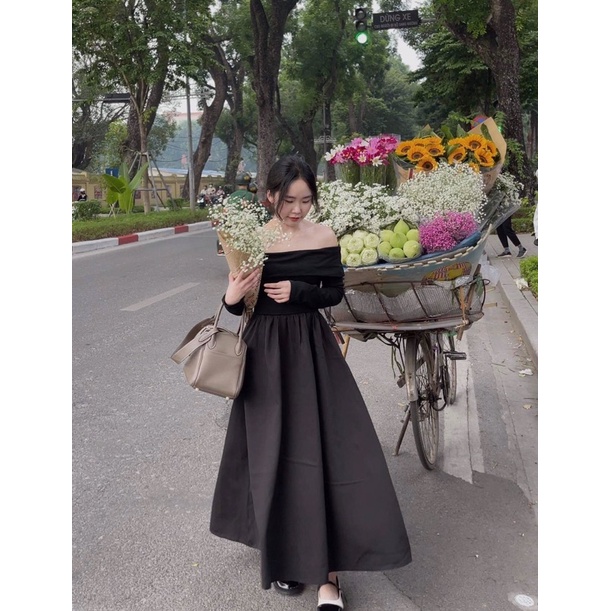 Váy trễ vai đen trơn tiểu thư Nana21 Nanastore21