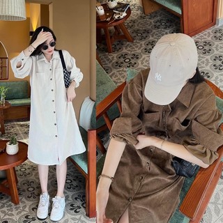 Đầm sơ mi suông nhung tăm tay dài có kèm belt có túi trước 2 màu freesize Pumi