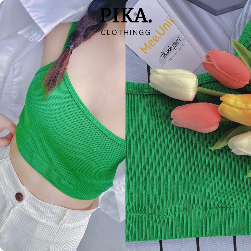Áo hai dây croptop nữ PIKA.CLOTHINGG len gân co dãn sexy, áo 2 dây bo chun tiện lợi trắng đen xanh lá