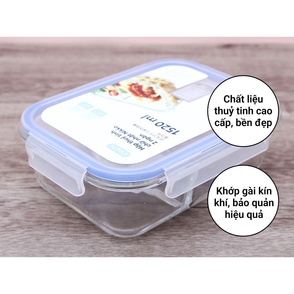 Hộp Thực Phẩm Thủy Tinh Chữ Nhật 1520ml 2 Ngăn, Hộp Thủy Tinh Cao Cấp Inochi Sử Dụng An Toàn Trong Lò Vi Sóng