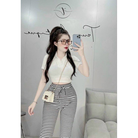 Set bộ mặc nhà đi chơi quần sọc ngang 2 màu ống loe kèm áo thun tay ngắn cổ bẻ hot