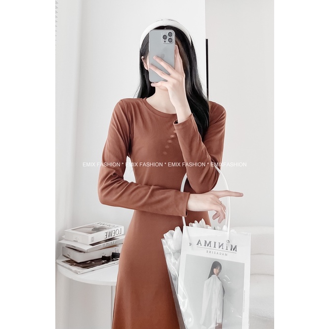 Váy maxi thun xoè EMIX, đầm chữ A dài tay, dáng dài, cổ tròn, freesize dưới 58kg 188