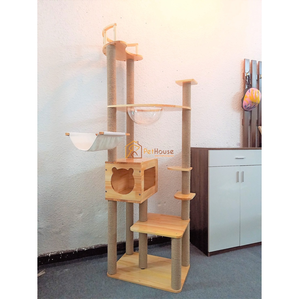 Nhà cây cho mèo đa năng loại lớn có cào móng và nhà nghỉ cattree sản gỗ thông tự nhiên