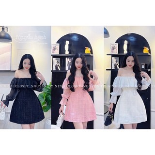 Đầm dáng xoè dạ phối tay tơ trễ vai