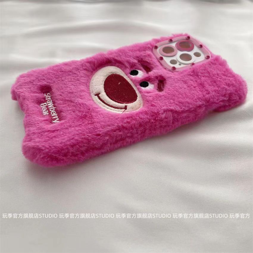 Ốp Điện Thoại Lông Xù Mềm Hình Gấu Dâu Tây Mặt Cười Cho iPhone 14 12 11 13 Pro max 7 8 Plus 6s xr xs max