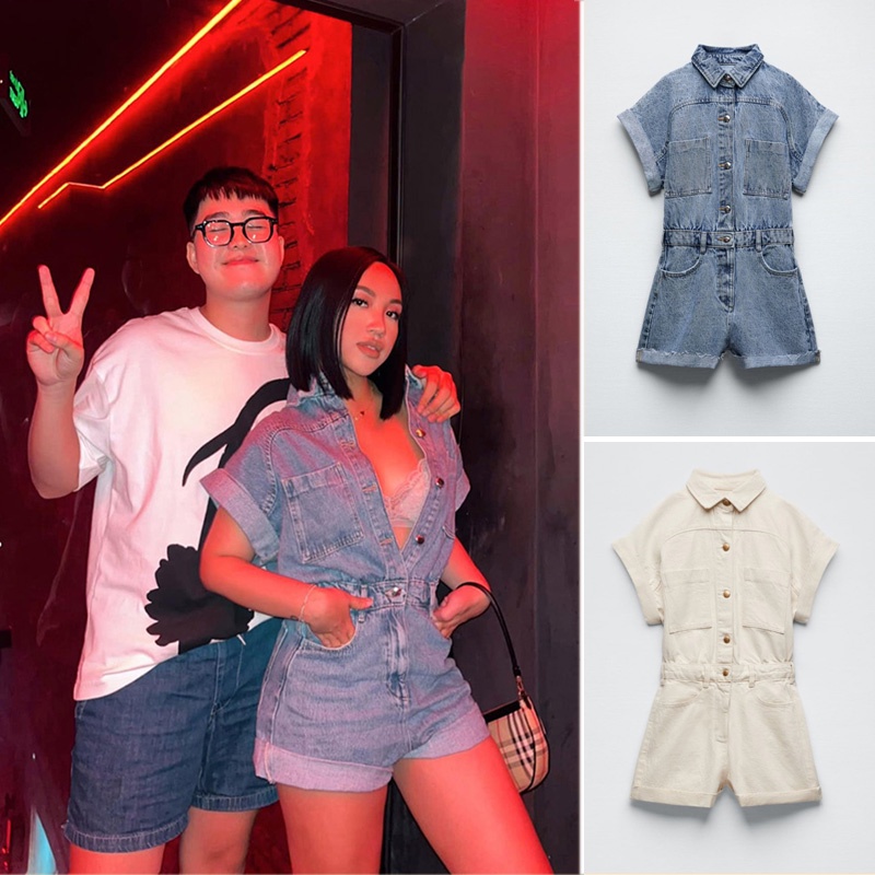 (2 MÀU) JUMPSUIT YẾM ZARA XUẤT DƯ TUỒN VẢI DENIM BÒ MÀU XANH/BE - 4979/036