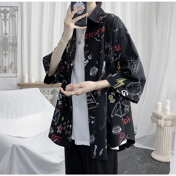 Áo sơ mi ngắn tay unisex nam nữ, cổ đứng, vải lụa lạnh nhập khẩu thoáng mát, ĐEN hoạ tiết TIA CHỚP - DOÈNBUPPI Shirt