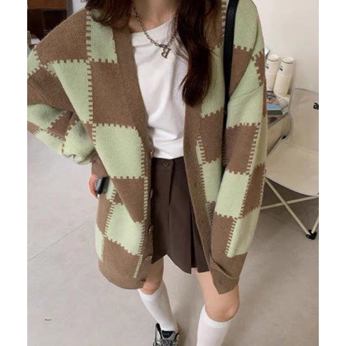 Áo khoác dệt kim nữ dài tay caro ziczac 2 màu, cardigan nữ chất len mềm mịn