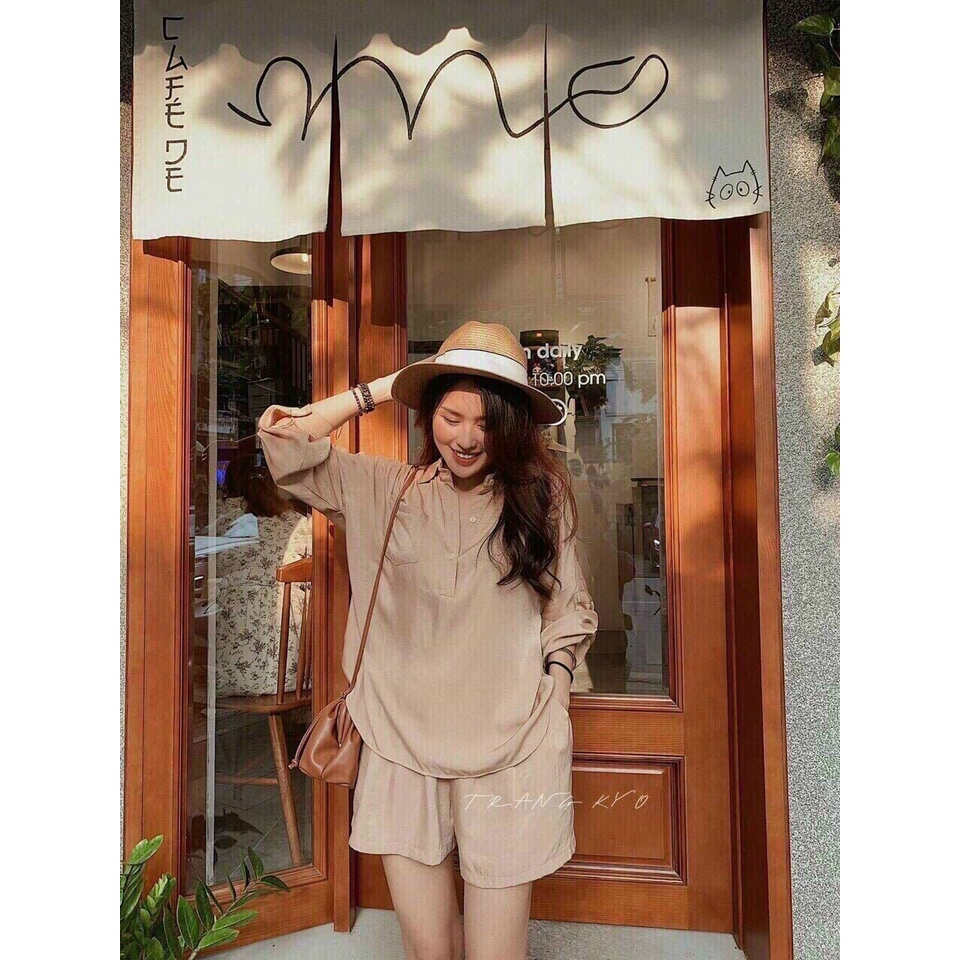 [11.11 Sale Freeship] Set bộ đùi sơ mi nữ,bộ áo tay dài có túi ngực mix quần short đùi có túi đi chơi dạo phố sang short