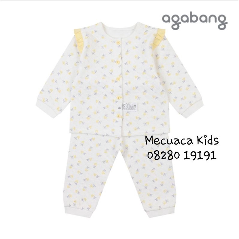 Bộ dài tay chần bông Agabang xuất hàn dư xịn cho bé gái hoa nhí vàng trắng