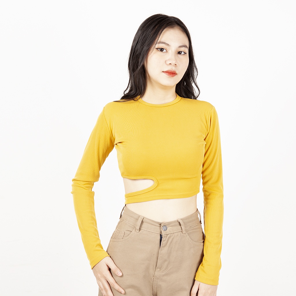 Áo thun croptop nữ tay dài ôm khoét eo vải cotton mềm mịn siêu tôn dáng