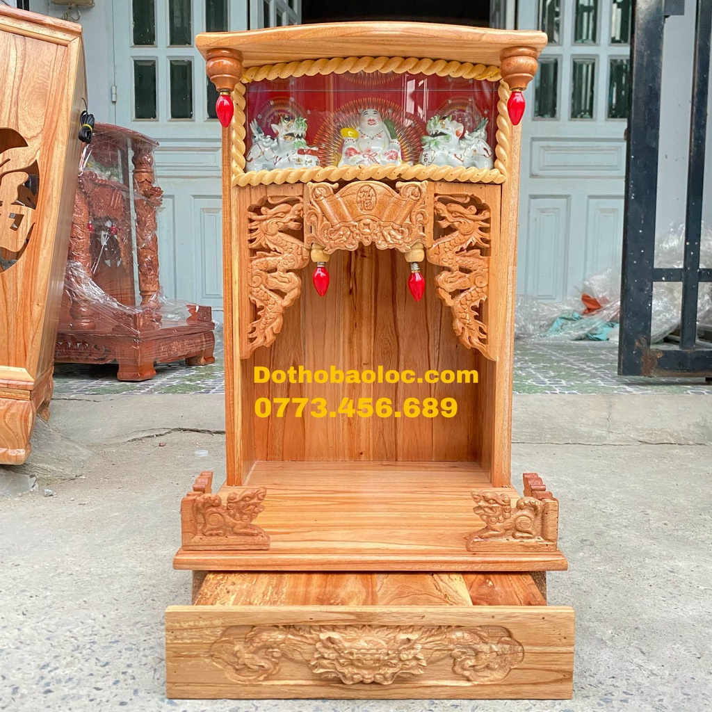 Bàn thờ thần tài ông địa gỗ xoan ngang 42cm lọng điện tử - Vàng
