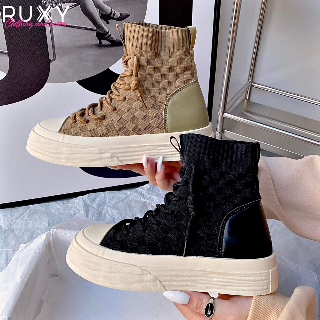 Giày Boot Len Nữ Cao Cấp Caro Đen Nâu Đế Độn