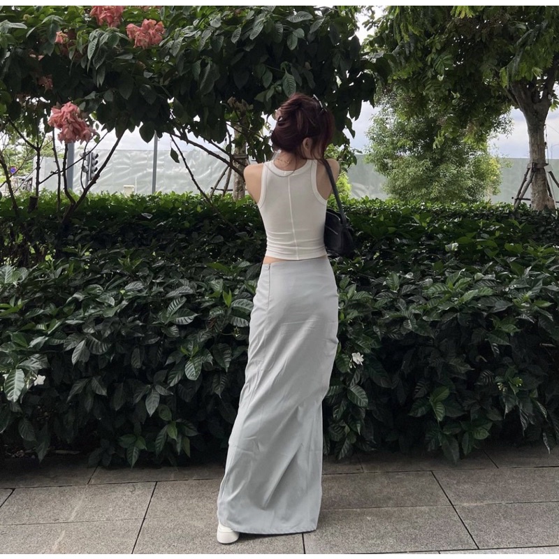 LAVA SKIRT - Váy dài nhún hông màu xanh xám - Whitelies Shop