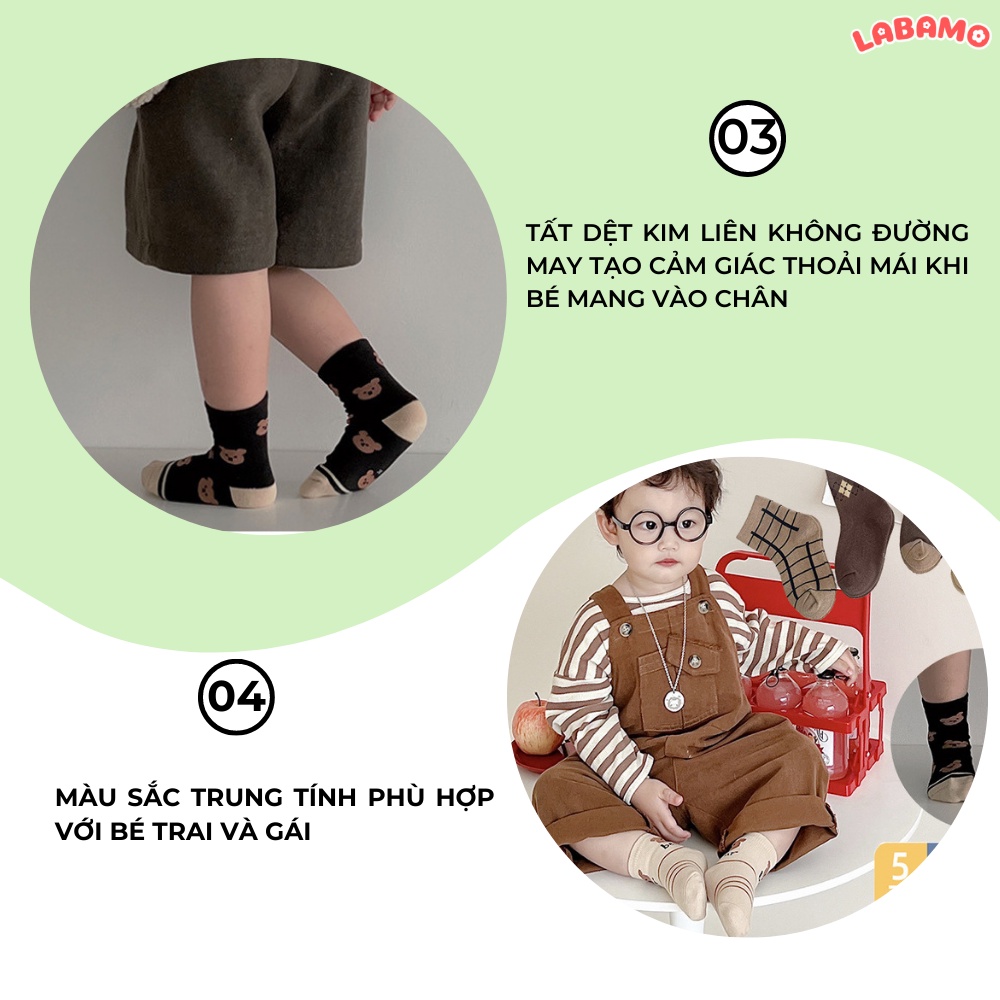 Sét 5 đôi tất cao cổ chất liệu cotton cho bé trai bé gái từ 0 - 8 tuổi họa tiết hình gấu Hàn Quốc