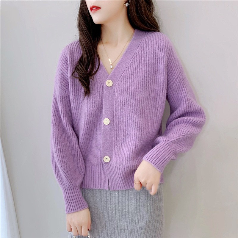 Áo khoác len cardigan nữ tay bồng trẻ trung chất liệu len dày mịn không xù lông