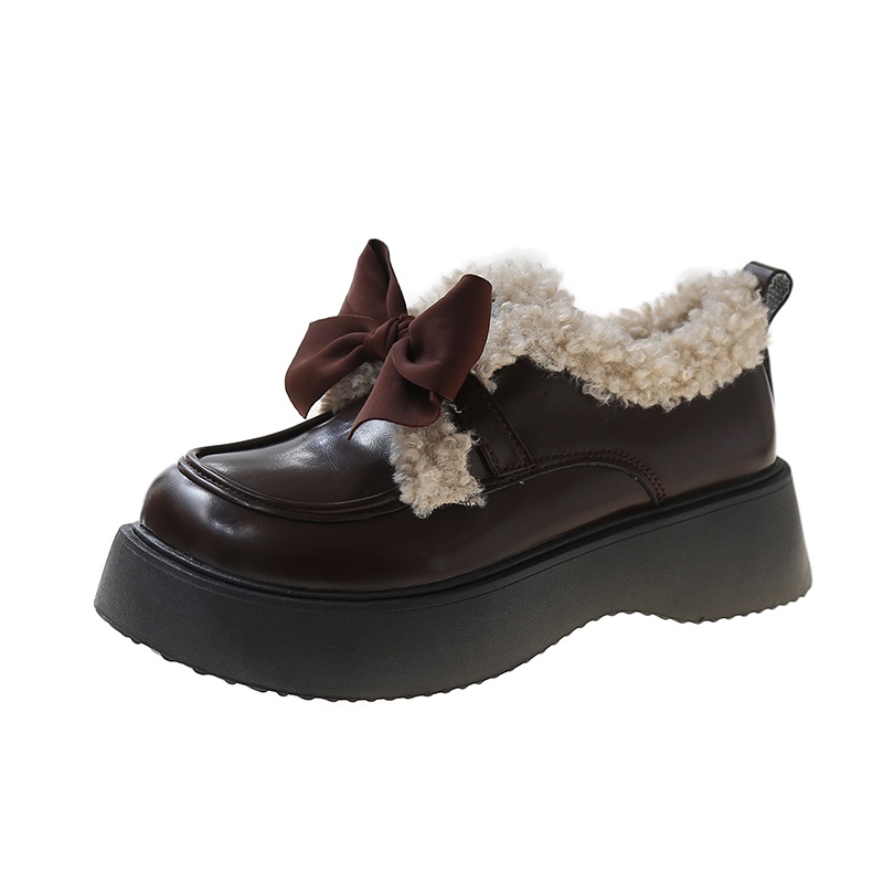 Giày Da Lót Lông Cừu Mũi Tròn Phong Cách Anh Quốc Thời Trang Cho Nữ