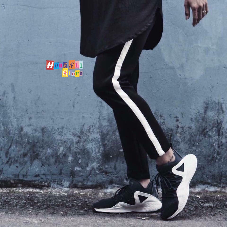 Quần Thun Thể Thao Màu Đen 1 Sọc Trắng Dáng Rộng Line Side Stripe Pants Unisex Oversize Ulzzang - MM