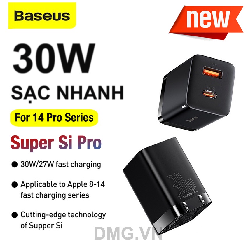 Củ Sạc Nhanh Baseus 30W 2 Cổng C+U Super Si Pro,1C 30W,Hỗ Trợ PD3.0/QC3.0/PPS,Cho13 Pro 14 Pro Max 27W 30W Laptop vv