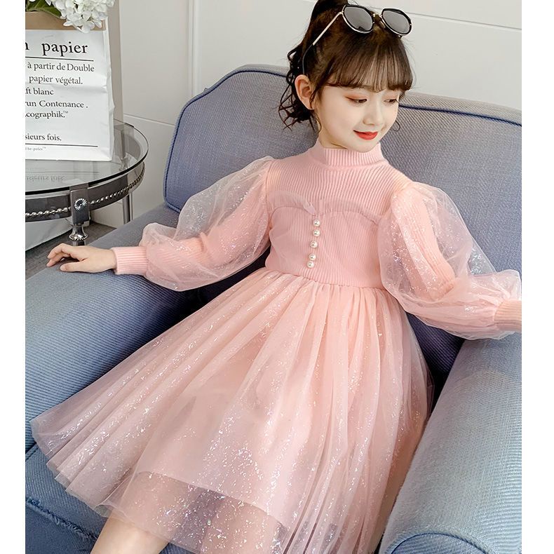 Đầm Công Chúa Dệt Kim Tay Phồng Phối Lưới Thời Trang Cho Bé Gái