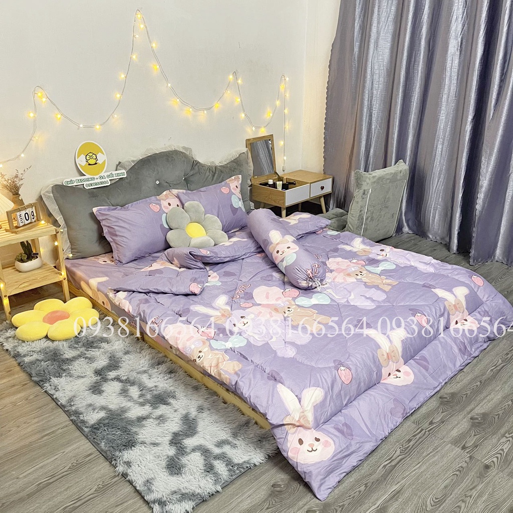 TRỌN BỘ COTTON POLY 5 MÓN CHĂN PHAO DÀY DẶN HÀNG VN - THỎ TÍM - ĐỦ KÍCH THƯỚC