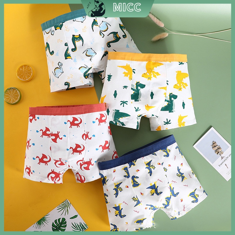 Hộp 4 Quần Lót Boxer In Họa Tiết Khủng Long Hoạt Hình Thoải Mái Cho Bé Trai 1-13 Tuổi