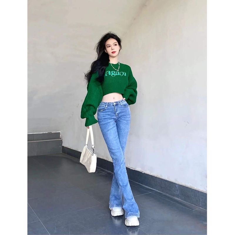 ÁO LEN CROPTOP TAY DÀI XANH LÁ HACK DÁNG SIÊU HOT