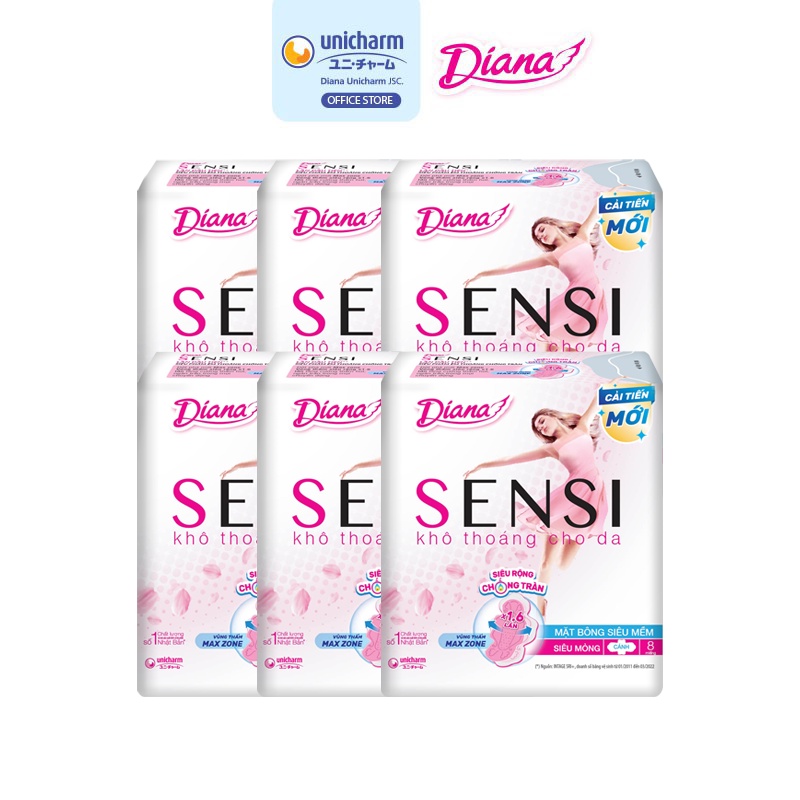 Sản phẩm cải tiến Bộ 6 gói băng vệ sinh Diana Sensi siêu mỏng cánh gói 8