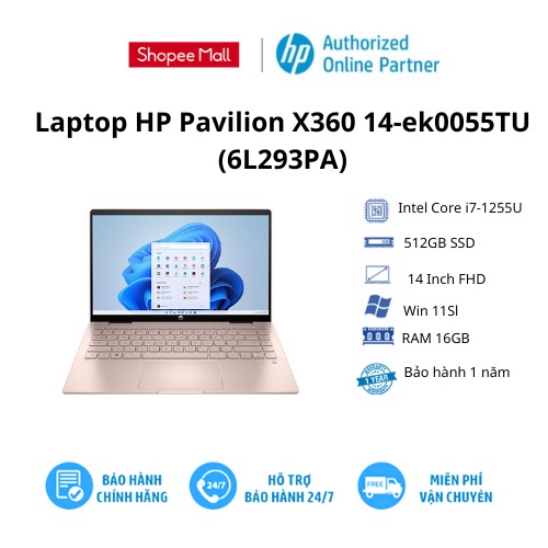 [Mã ELHP3TR giảm 12% đơn 500K] Laptop HP Pavilion X360 14-ek0055TU (6L293PA)/ Gold/ Intel Core i7-1255U / 512GB SSD