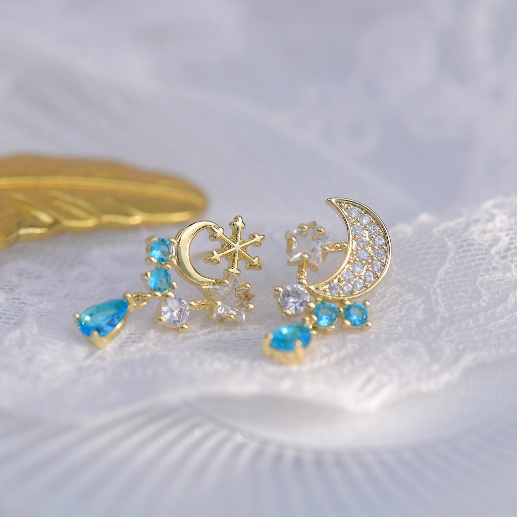 Bông Tai Bất Đối Xứng Hình Ngôi Sao Và Mặt Trăng Đính Đá Zircon Thời Trang Cho